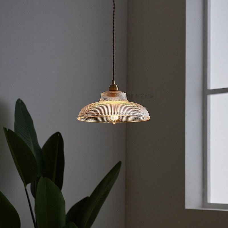 Bowl -vormige café hanglampverlichting retro helder gestreepte glas met één koper hanglamp