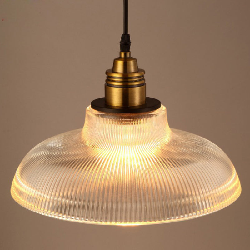 Bowl Shaped Cafe Pendant Lighting Retro Clear Striped Glass Single Brass Hanging Lamp