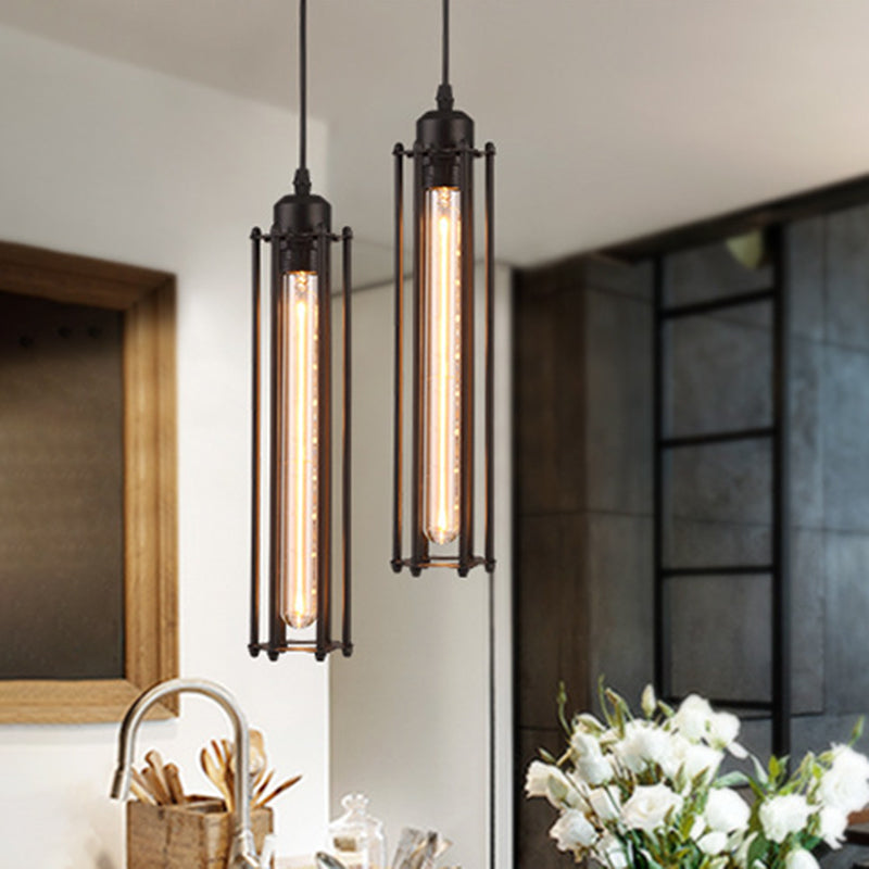 1-Bulb Cylindrical Ceiling Fixture Industrial Black Iron Cage Pendant Light for Bar