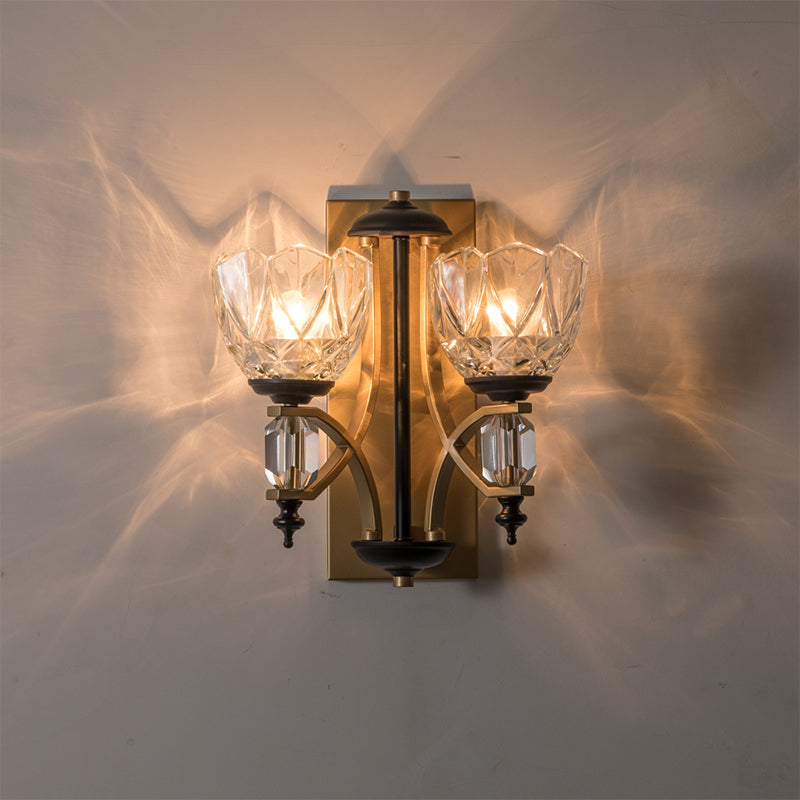 Clear Crystal Bowl Wall Light Sconce Vintage 2 Lights Wall Mounted Lamp in Gold Finish