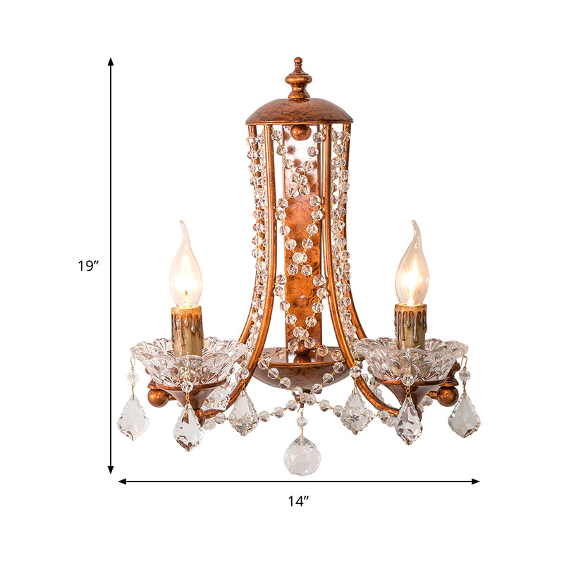 2 Heads Candle Wall Mount Light with Crystal Beaded Strand French Country Sconce Light in Weathered Copper