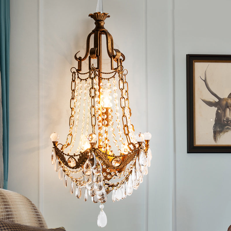 Beaded Sconce Light Fixture with Clear Crystal Decoration Vintage 3 Lights Wall Lighting Fixture in Antique Brass