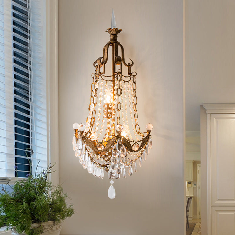 Beaded Sconce Light Fixture with Clear Crystal Decoration Vintage 3 Lights Wall Lighting Fixture in Antique Brass