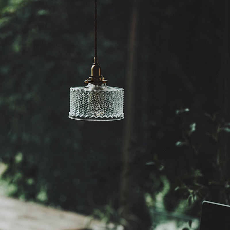 Fish-bone Texture Glass Hanging Light Brass Drum Shade Pendant Lamp for Bedroom Dining Room