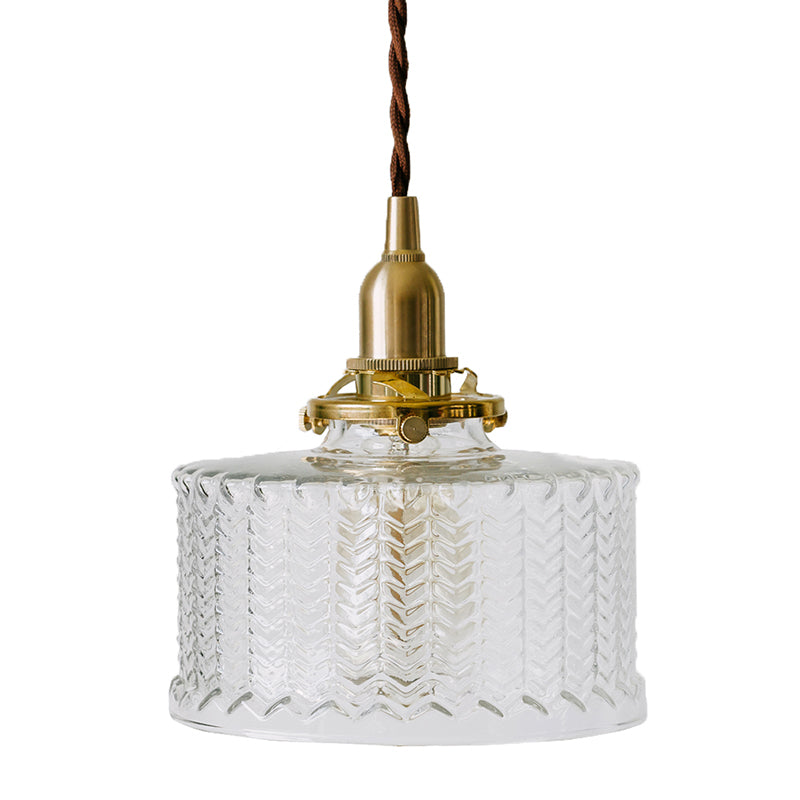 Fish-bone Texture Glass Hanging Light Brass Drum Shade Pendant Lamp for Bedroom Dining Room