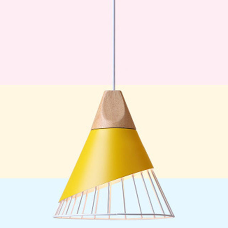 1 Light Macaroon Hanging Light Nordic Minimalist Solid Wood Bedroom Pendant Lamp with Iron Hollow Lampshade