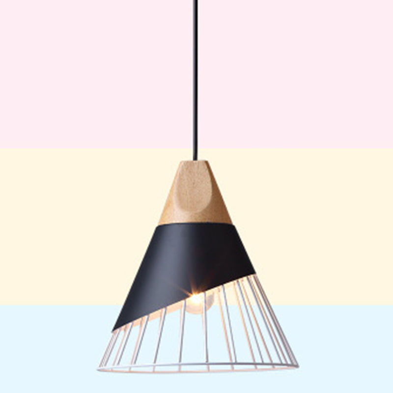 1 Light Macaroon Hanging Light Nordic Minimalist Solid Wood Bedroom Pendant Lamp with Iron Hollow Lampshade