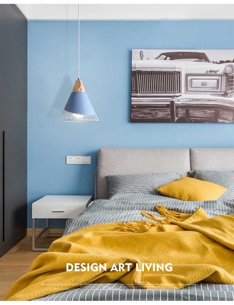 1 Light Macaroon Hanging Light Nordic Minimalist Solid Wood Bedroom Pendant Lamp with Iron Hollow Lampshade