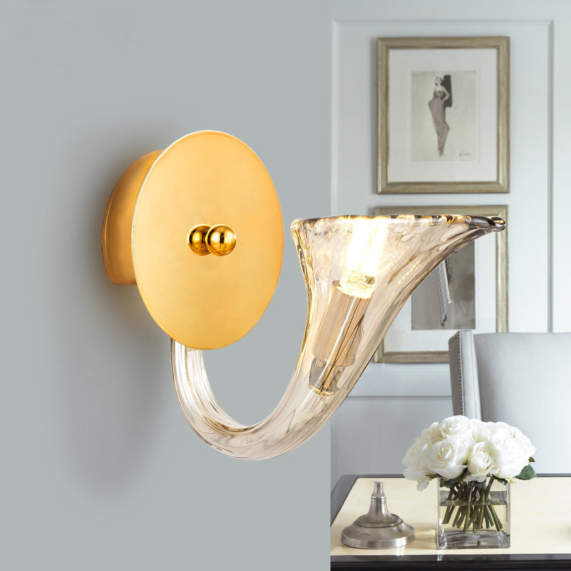 Curved Arm Clear Glass Sconce Light Fixture Contemporary 1 Light Wall Sconce in Gold Finish for Corridor