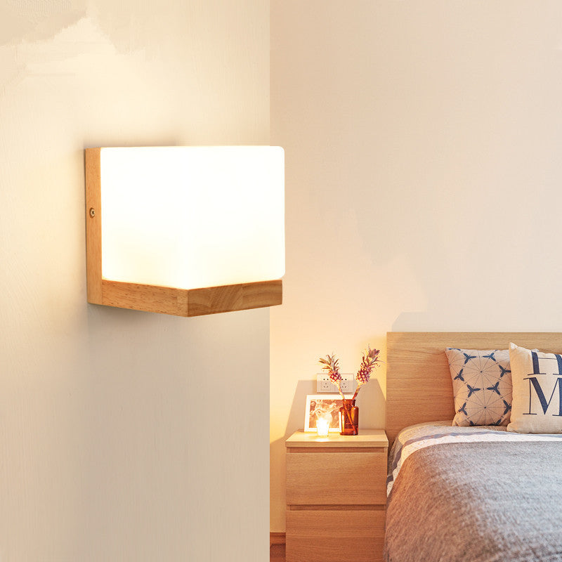 Modern Style Nordic Solid Wooden Sconce Cube Shape LED Wall Mounted Lamp for Bedroom