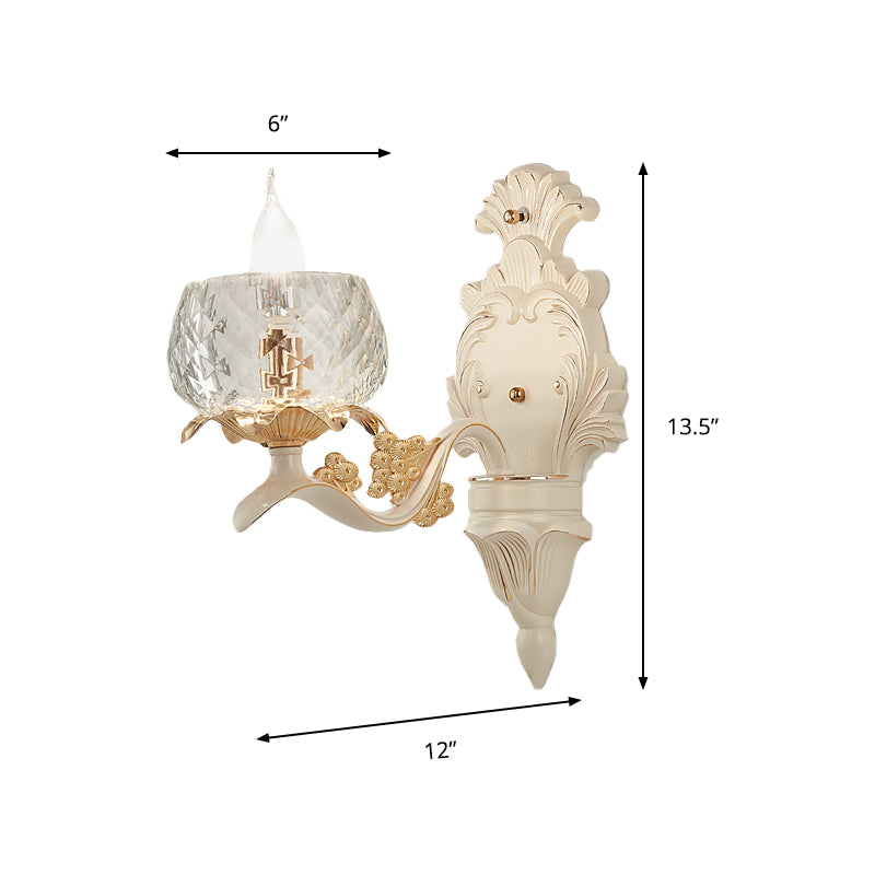 Carved Arm Wall Light Sconce with Clear Glass Bowl Lampshade Vintage 1/2 Bulbs Wall Mount Light in White