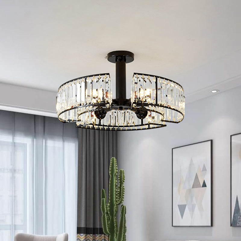 Crystal Block Drum Shade Semi Mount Lighting Vintage 6 Heads Close to Ceiling Lighting in Black