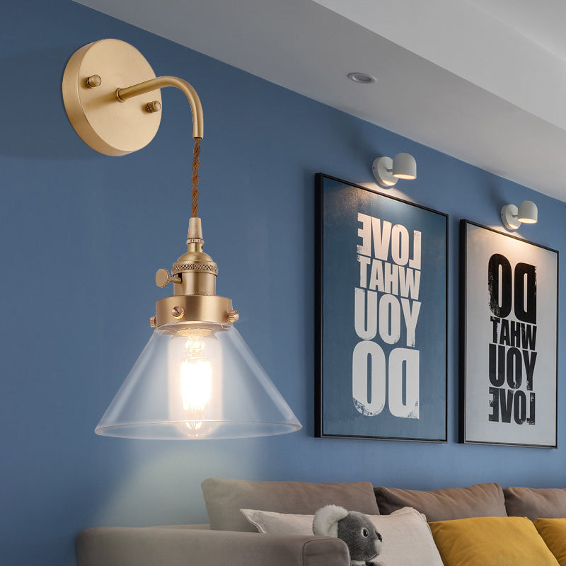 Clear Conical Glass Shade Wall Light Vintage Retro 1 Light Wall Light Sconce in Brass