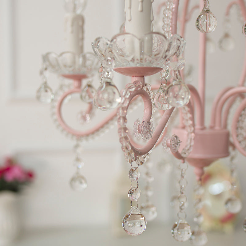 Geometric Chandelier Pendant Light with Crystal Bead Accent Macaron 5 Lights Ceiling Pendant Light in Pink