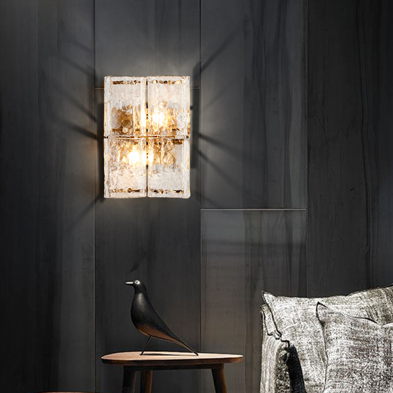 Rectangle Wall Sconce Light with Clear Water Glass Shade Modernist 2 Lights Wall Mount Light in Gold for Bedroom