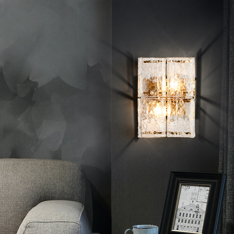 Rectangle Wall Sconce Light with Clear Water Glass Shade Modernist 2 Lights Wall Mount Light in Gold for Bedroom