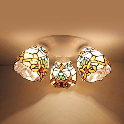 3 Heads Dome Flush Mount Ceiling Light Tiffany Stained Glass Flushmount Light in Beige/Orange for Bedroom