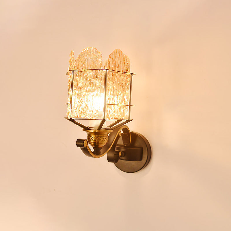 Rippled Glass Wall Light Fixture with Metal Cage Contemporary 1 Head Black Finish Flush Mount Wall Sconce