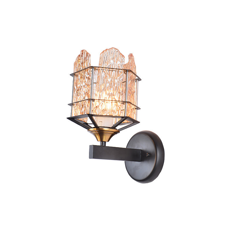 Rippled Glass Wall Light Fixture with Metal Cage Contemporary 1 Head Black Finish Flush Mount Wall Sconce