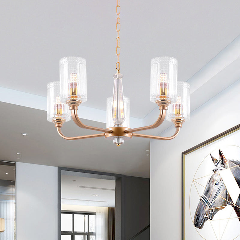 Clear Glass Cylinder Chandelier Light Vintage 3/5/6/8 Heads Chandelier Lighting Fixture in Gold