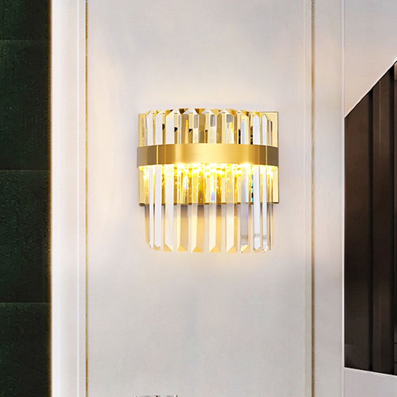 Demilune Cylinder Wall Light Sconce Contemporary Crystal Prism 2 Heads Wall Mounted Lighting in Gold