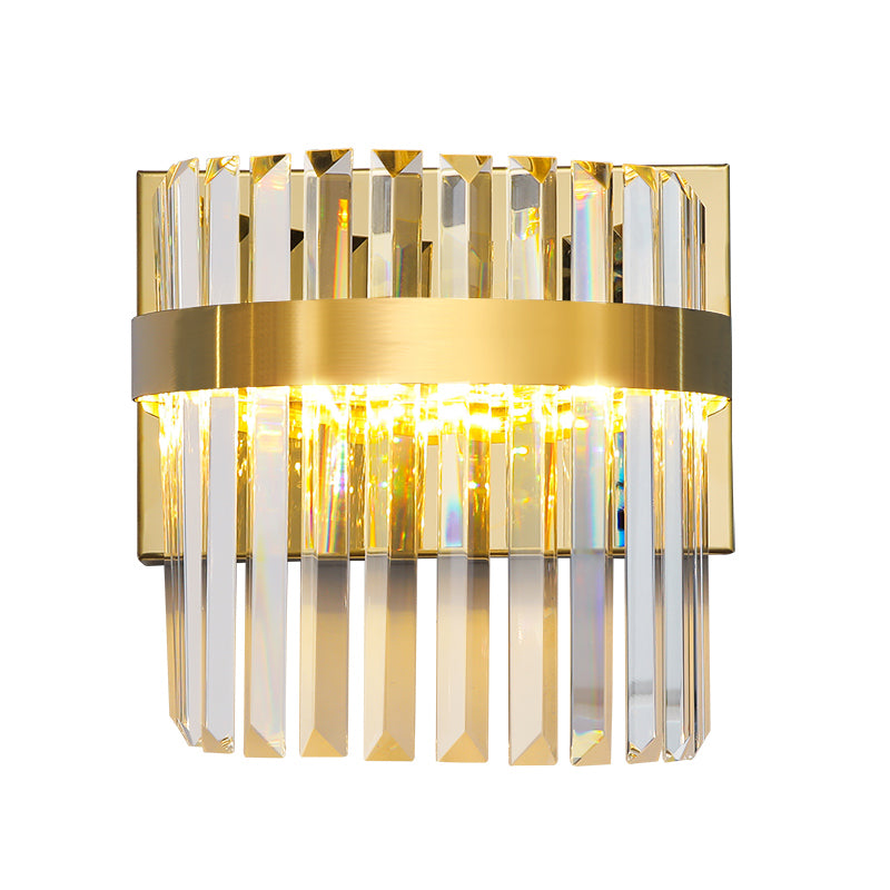 Demilune Cylinder Wall Light Sconce Contemporary Crystal Prism 2 Heads Wall Mounted Lighting in Gold