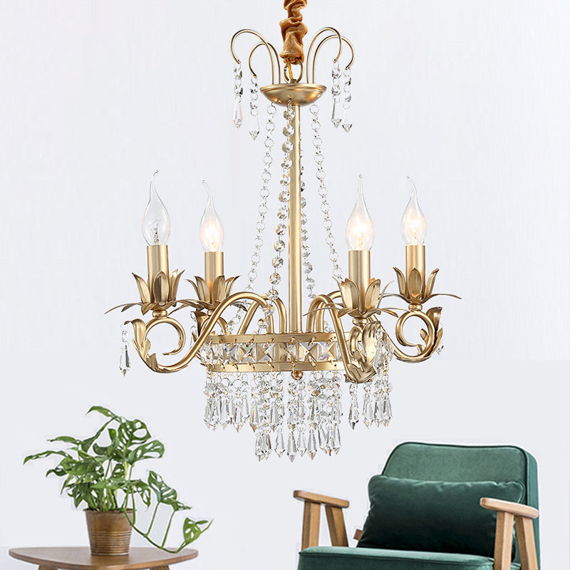 Brass Finish Curved Arm Ceiling Chandelier with Candle Accent Contemporary Crystal 4/6 Bulbs Ceiling Pendant Light