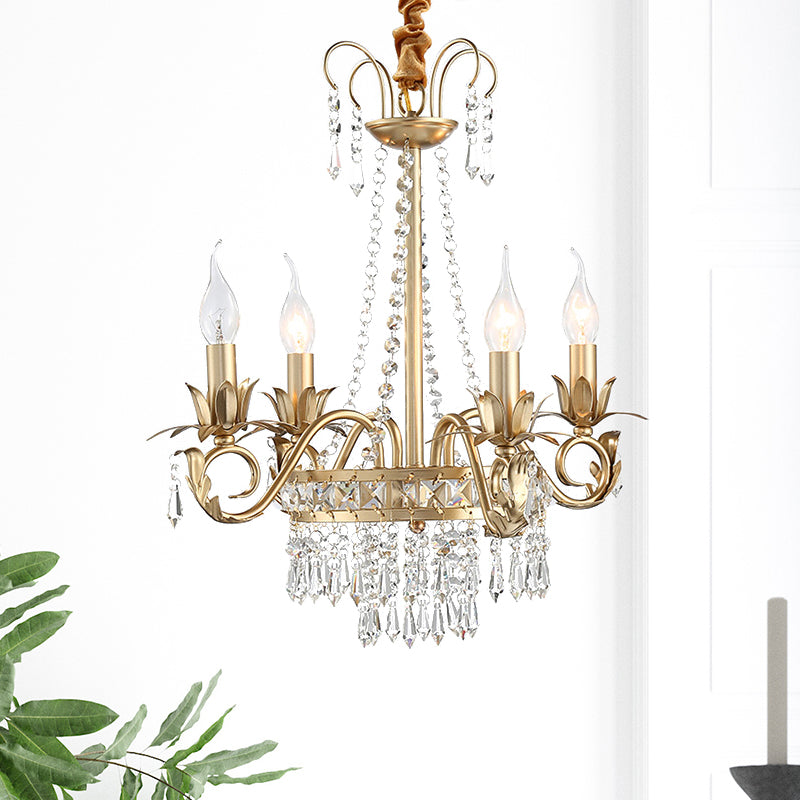 Brass Finish Curved Arm Ceiling Chandelier with Candle Accent Contemporary Crystal 4/6 Bulbs Ceiling Pendant Light