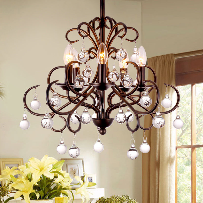 Plafond en larme en pharmacie à cristal clair Light Light Vintage Style 5 Bulbes Lampe de lustre avec bougie en noir / bronze mat