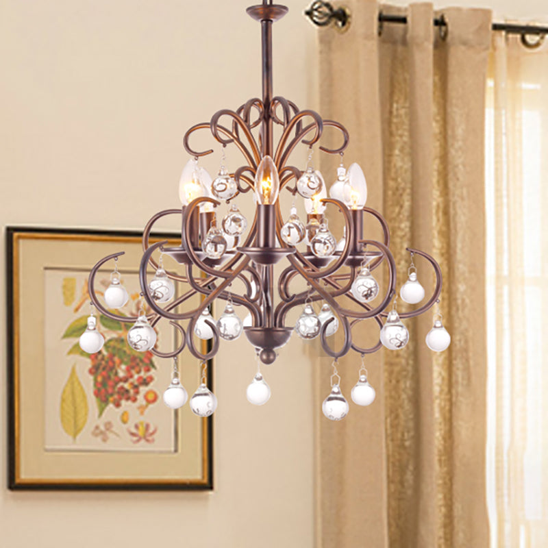 Luz de techo de lágrima de cristal transparente Luz Vintage Estilo Vintage 5 Lámpara de araña de bombillas con vela en negro mate/bronce