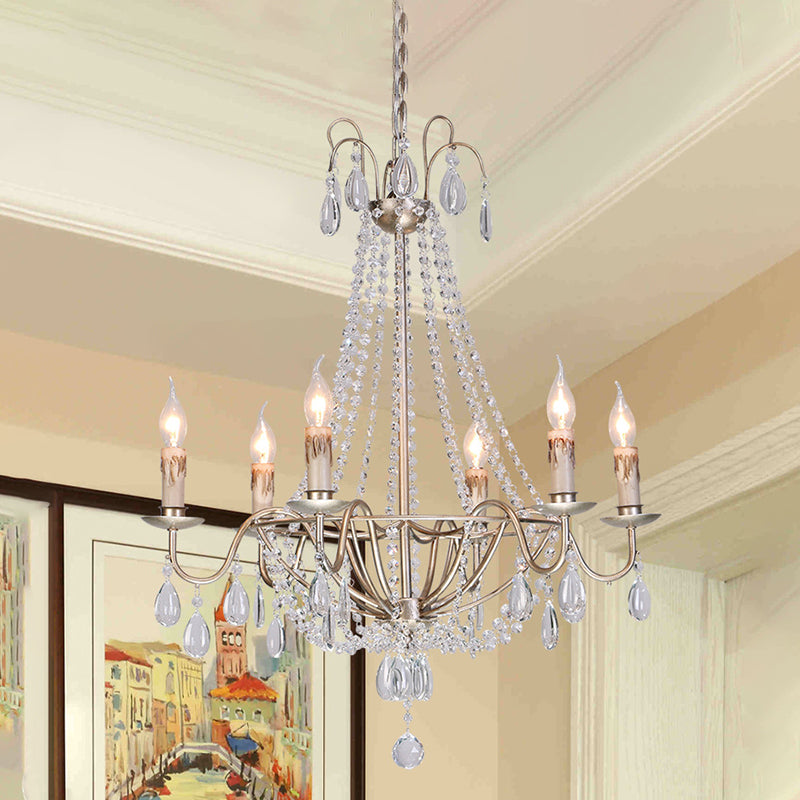 Lámpara de araña de conde de cristal transparente modernista 6 cabezas lámpara colgante en acabado dorado para dormitorio