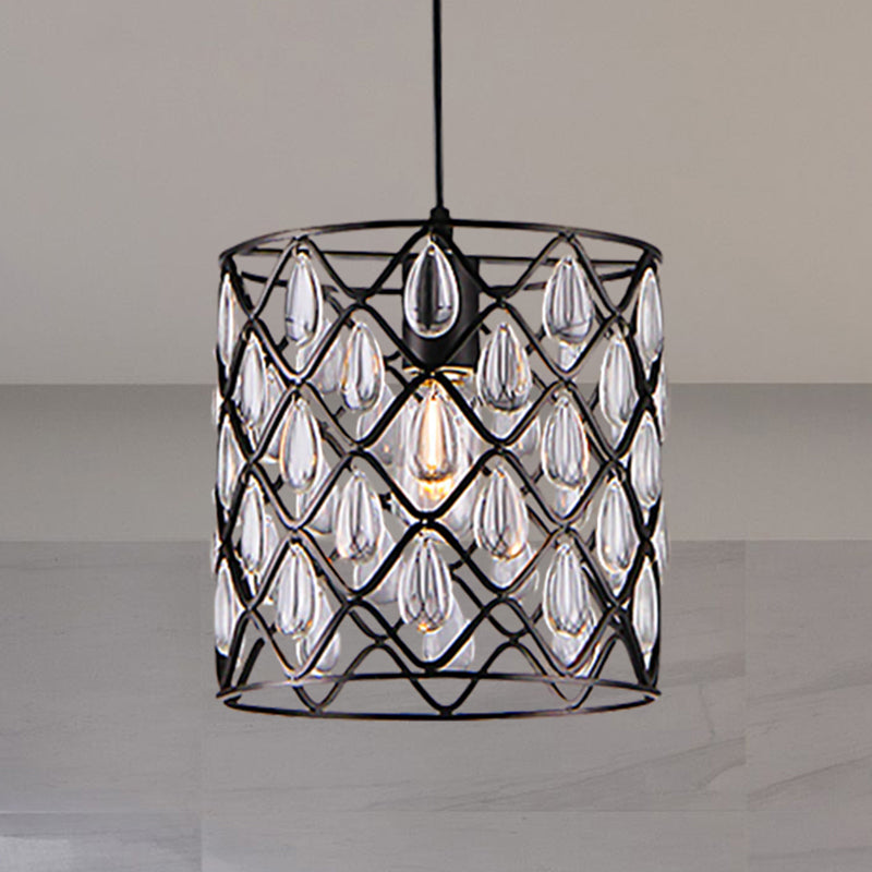Iluminación colgante enjaulada de metal con caída de cristal deco industrial 1/4/6 luces lámpara lámpara de lámpara en negro