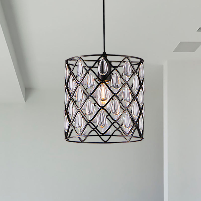 Iluminación colgante enjaulada de metal con caída de cristal deco industrial 1/4/6 luces lámpara lámpara de lámpara en negro