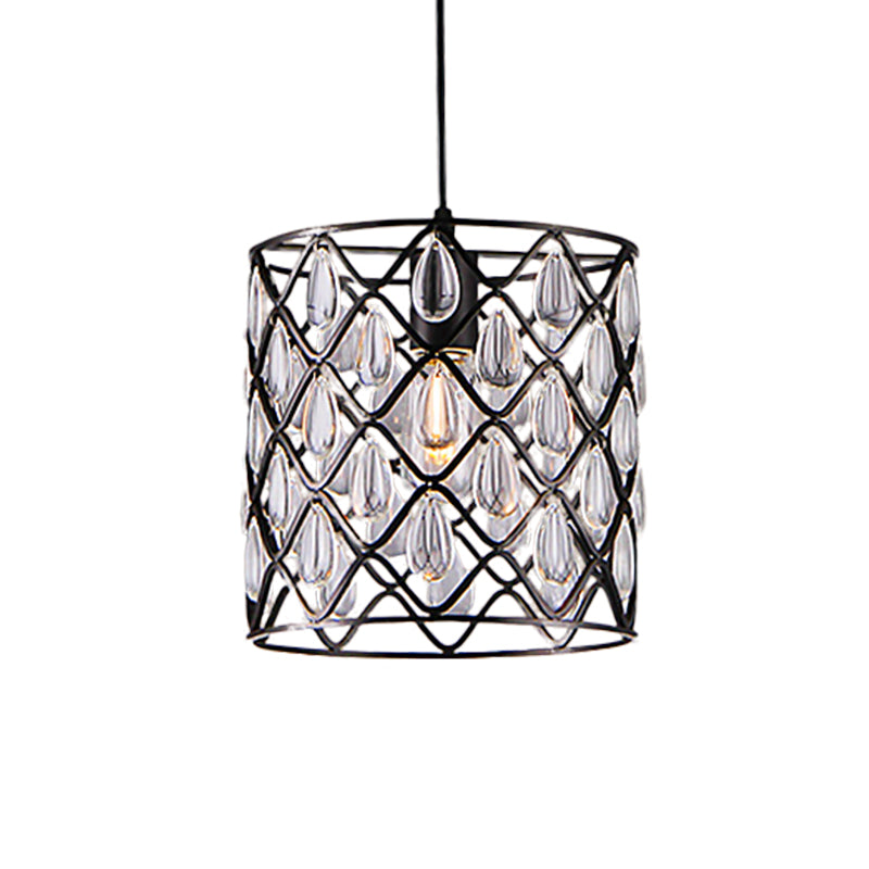 Iluminación colgante enjaulada de metal con caída de cristal deco industrial 1/4/6 luces lámpara lámpara de lámpara en negro