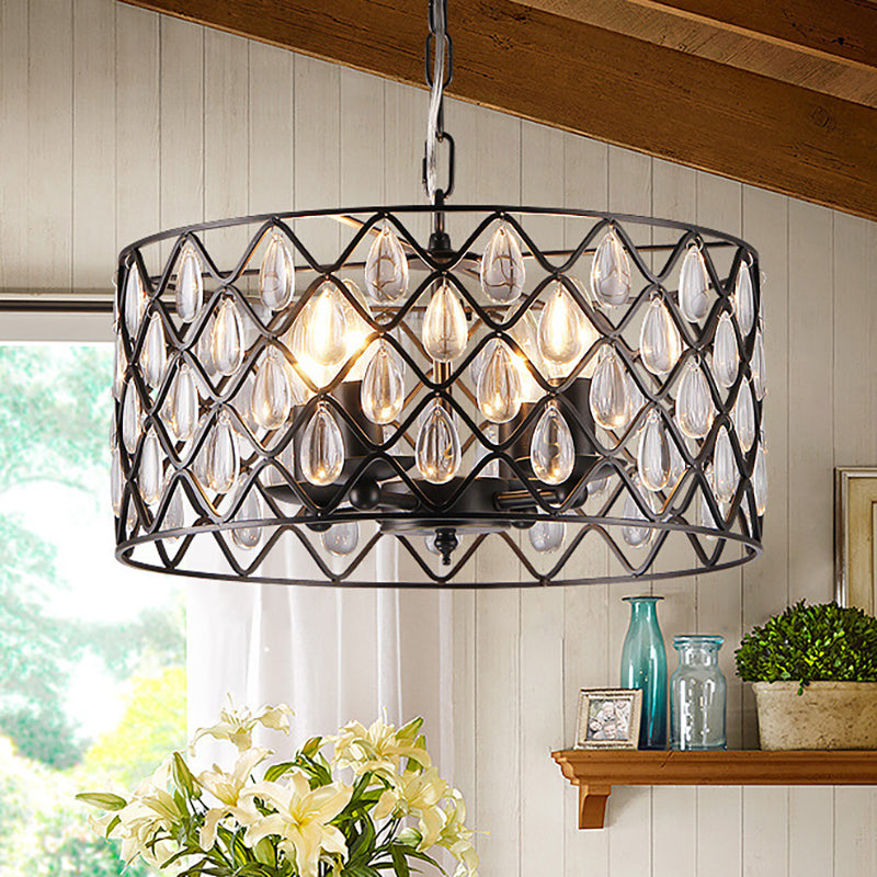 Iluminación colgante enjaulada de metal con caída de cristal deco industrial 1/4/6 luces lámpara lámpara de lámpara en negro