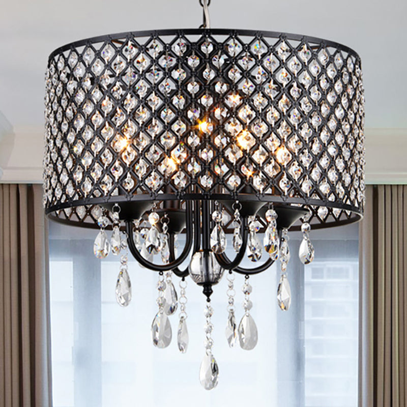 Vintage -Stil Schwarz/Chrom -Kronleuchterlampe mit Trommelfarbton 4 Lichter Eisen und Kristall hängen Licht