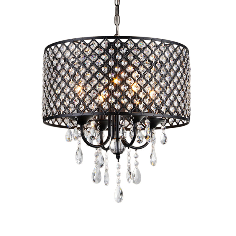 Vintage -Stil Schwarz/Chrom -Kronleuchterlampe mit Trommelfarbton 4 Lichter Eisen und Kristall hängen Licht