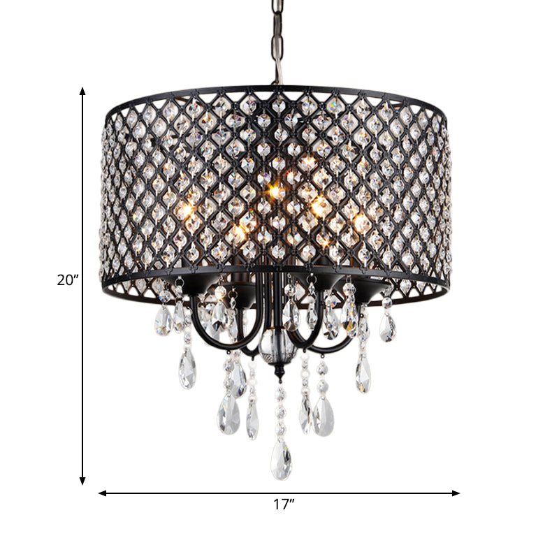 Vintage -Stil Schwarz/Chrom -Kronleuchterlampe mit Trommelfarbton 4 Lichter Eisen und Kristall hängen Licht