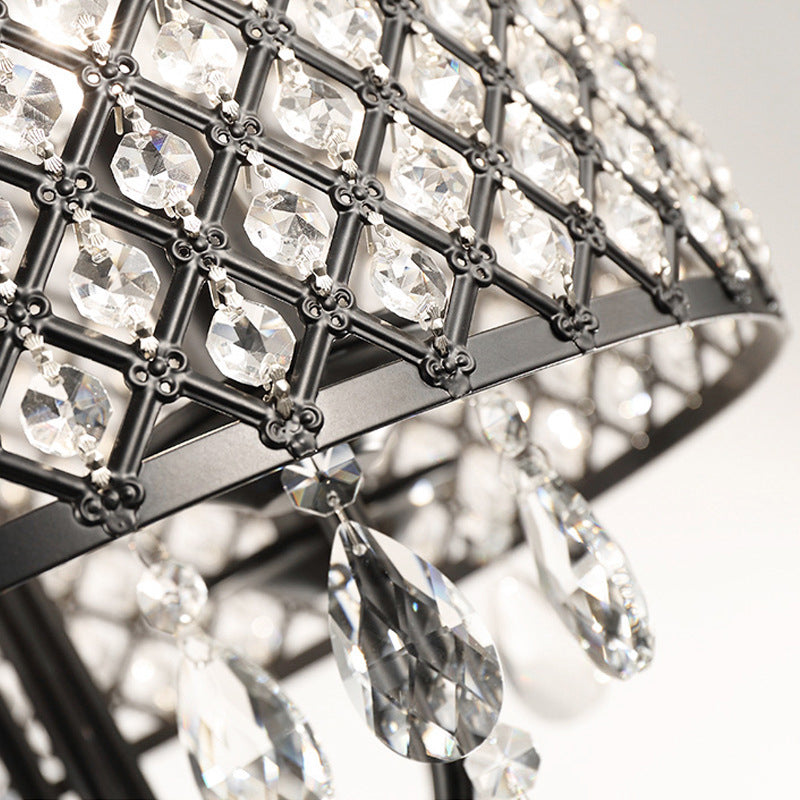 Vintage -Stil Schwarz/Chrom -Kronleuchterlampe mit Trommelfarbton 4 Lichter Eisen und Kristall hängen Licht
