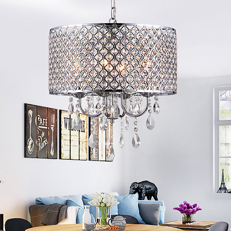 Vintage -Stil Schwarz/Chrom -Kronleuchterlampe mit Trommelfarbton 4 Lichter Eisen und Kristall hängen Licht
