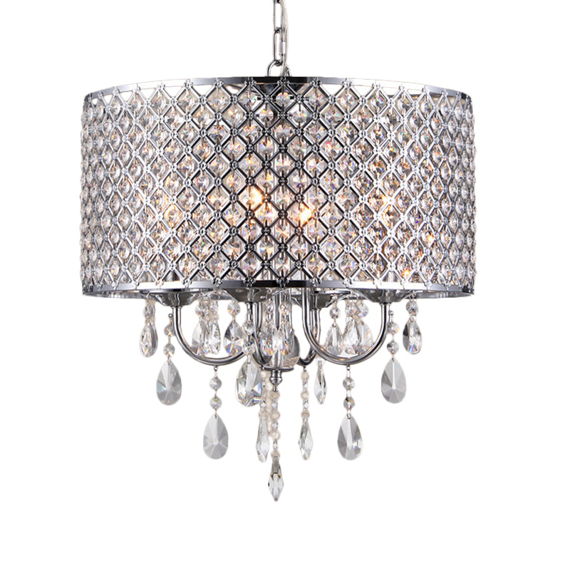 Vintage -Stil Schwarz/Chrom -Kronleuchterlampe mit Trommelfarbton 4 Lichter Eisen und Kristall hängen Licht