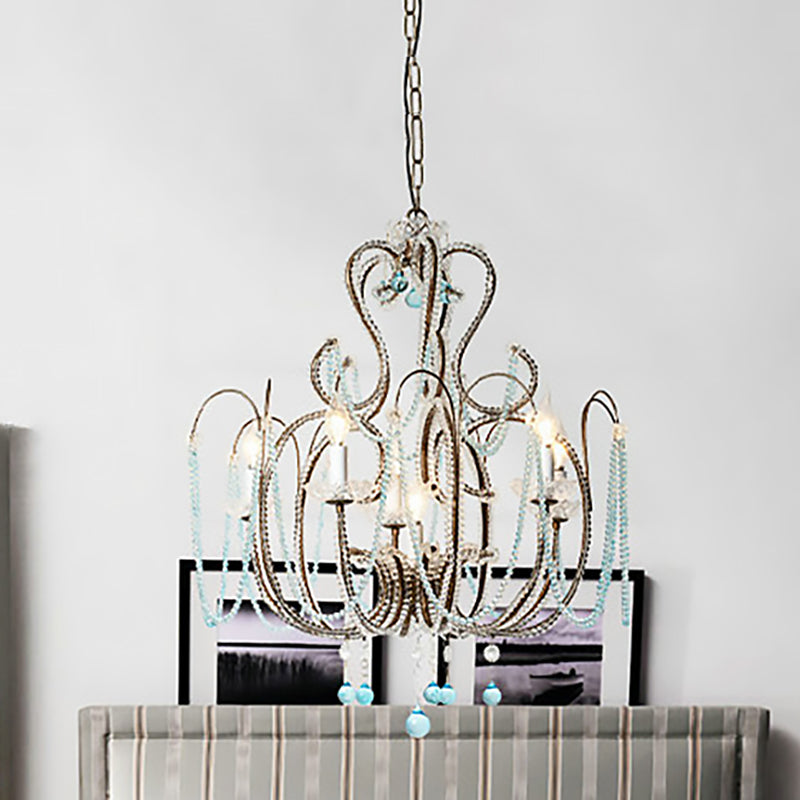 Pendre de bougie vintage Lumière avec perle en cristal bleu royal clair 6 lumières lampe de lustre pour chambre à coucher