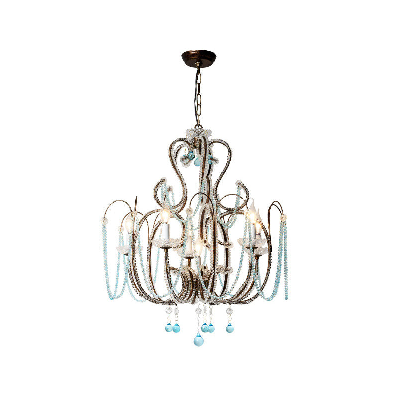 Vintage kaarslicht met licht Royal Blue Crystal Bead 6 Lights Chandelier Lamp voor slaapkamer