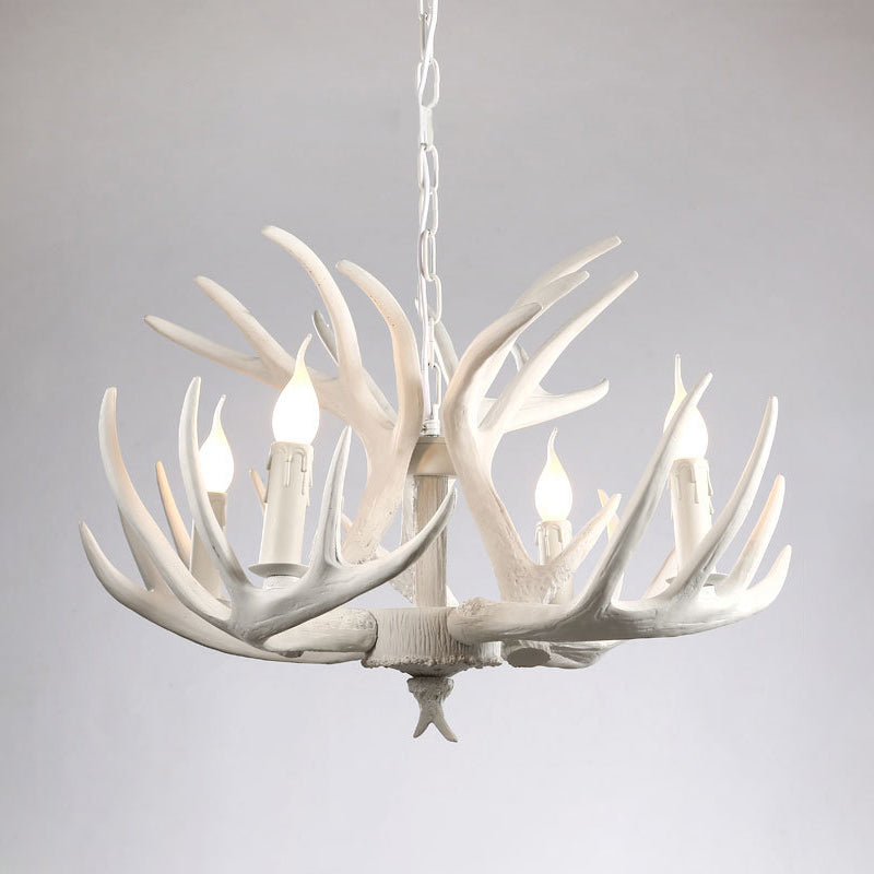 White Retro Resin Deer Horn Chandelier Rustic Style Bedroom Drop Lamp Lighting Fixture in White