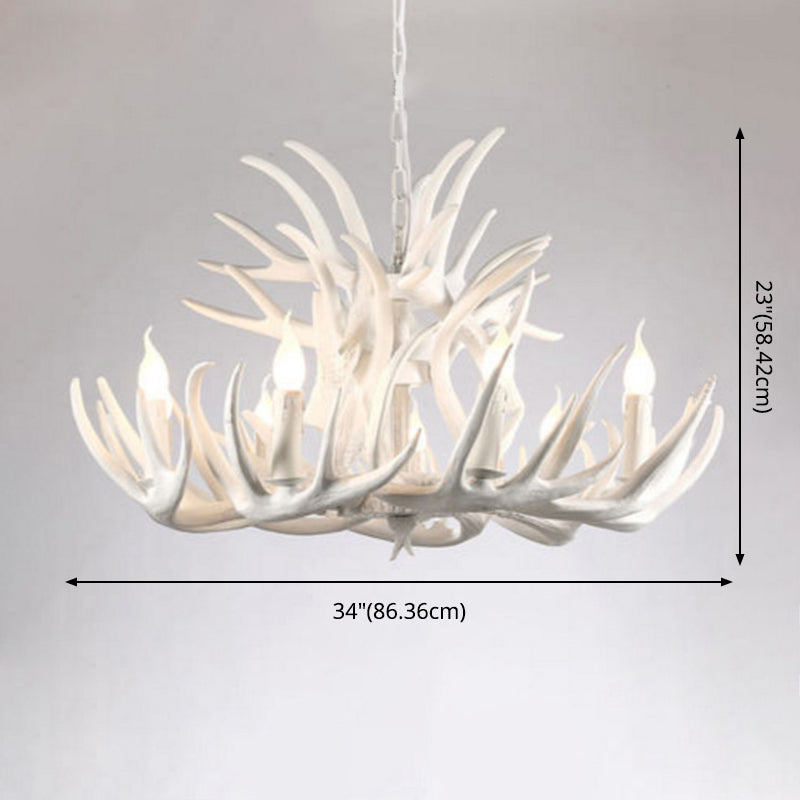 White Retro Resin Deer Horn Chandelier Rustic Style Bedroom Drop Lamp Lighting Fixture in White