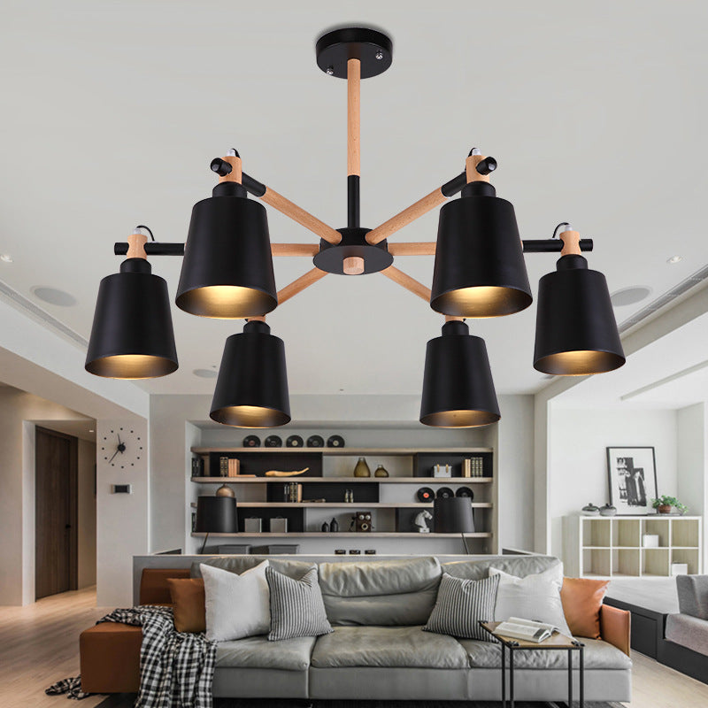 Modern Minimalist Rubber Wood Chandelier Matte Metal Lampshade Pendant Light for Living Room