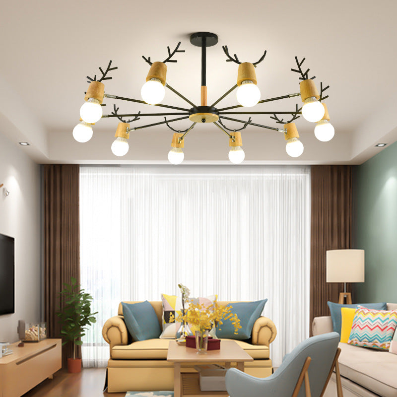 Modern Wooden Simplicity Chandelier Exposed Bulb Design Creative Bedroom Hanging Pendant Lights with Antlers Decoration