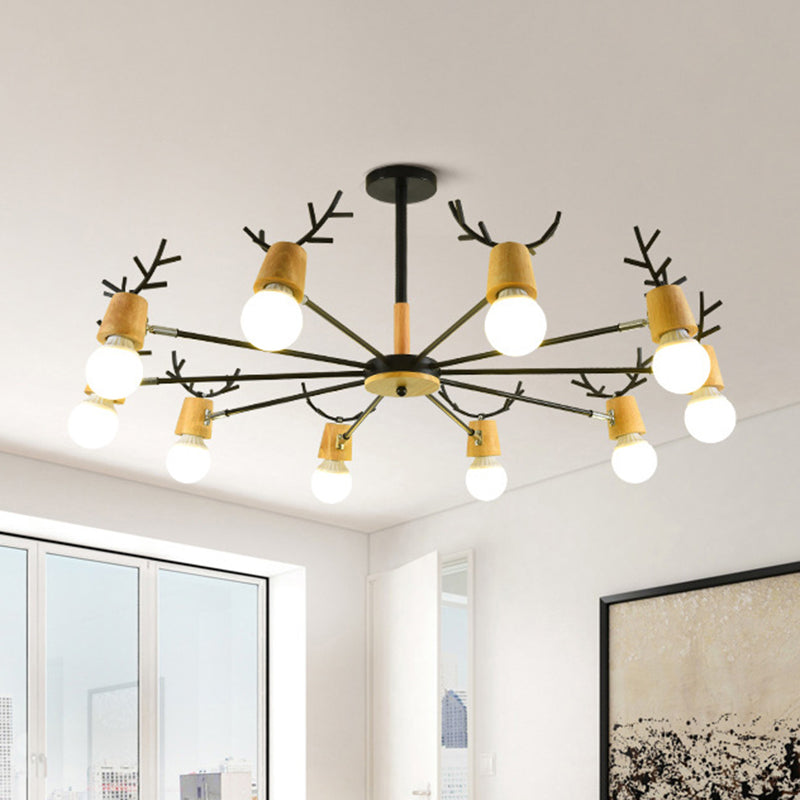 Modern Wooden Simplicity Chandelier Exposed Bulb Design Creative Bedroom Hanging Pendant Lights with Antlers Decoration