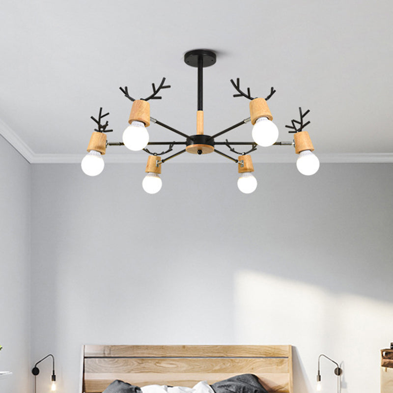 Moderne hölzerne Einfachheit Kronleuchter exponiertes Glühbirnen Design Kreatives Schlafzimmer Hanging Anhänger Lichter mit Geweihdekoration