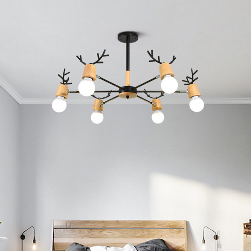 Modern Wooden Simplicity Chandelier Exposed Bulb Design Creative Bedroom Hanging Pendant Lights with Antlers Decoration